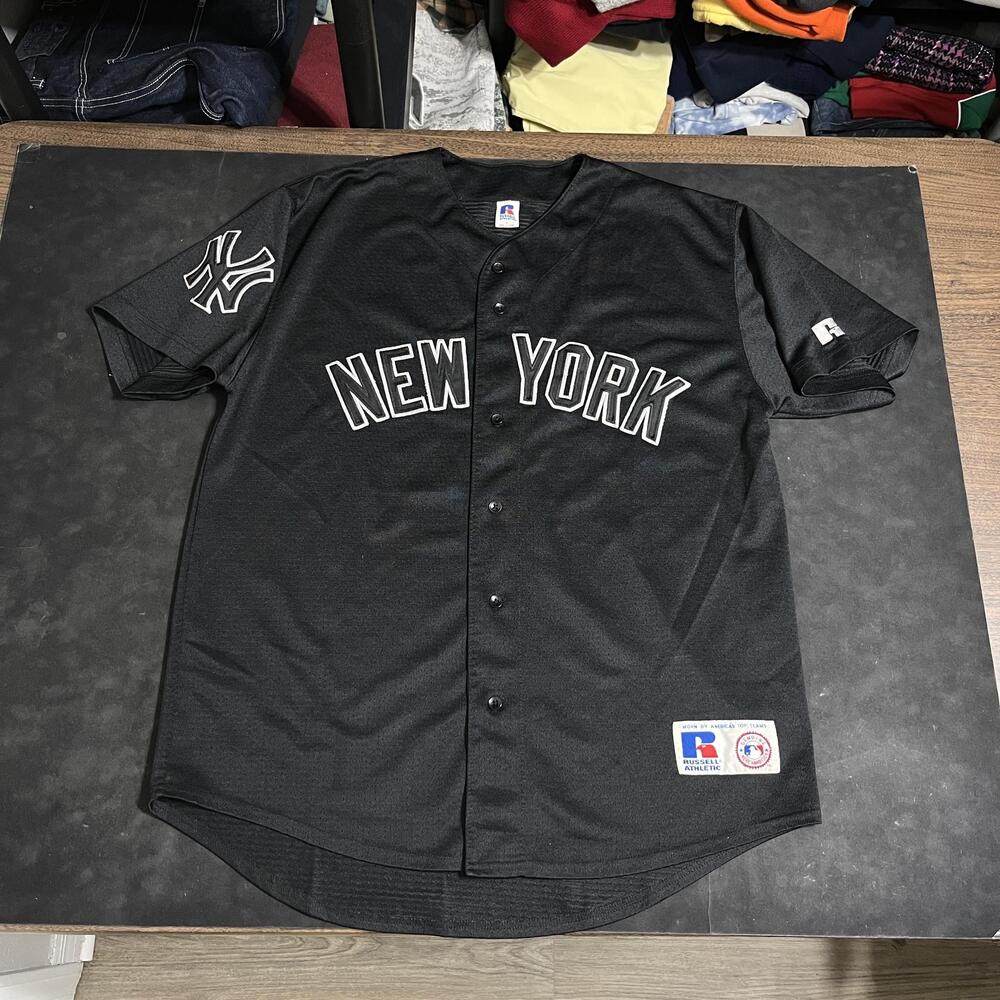 Vintage New York Yankees Jersey Mens Large Black MLB Baseball Russell Player 90s